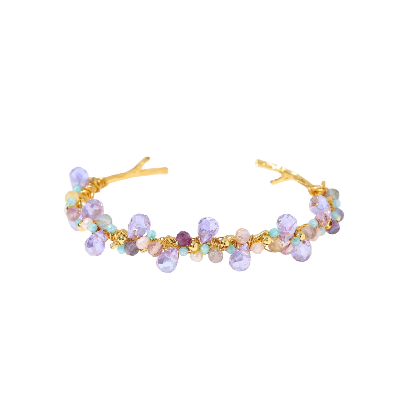 Gold-plated adjustable cuff bracelet with clustered lavender fluorite, turquoise beads, and freshwater pearls on white background.