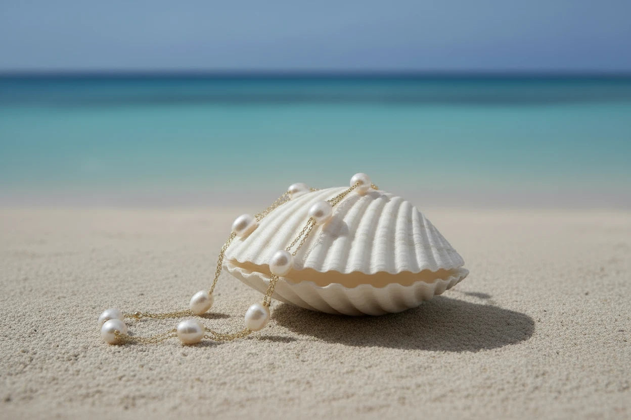 Double-strand gold bracelet with irregular baroque pearls and smooth freshwater pearls on cream background.